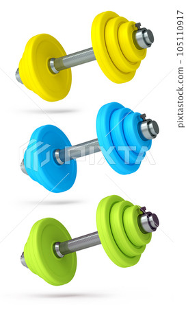 Set of dumbbells with rubber disks isolated on white background Set of dumbbells with rubber disks isolated on white background 105110917