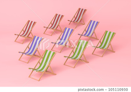 Beach chair in a row on pink background. Beach chair in a row on pink background. 105110930