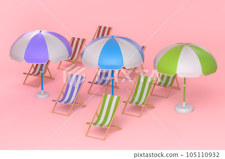 Beach chair with umbrella in a row on pink background. 105110932