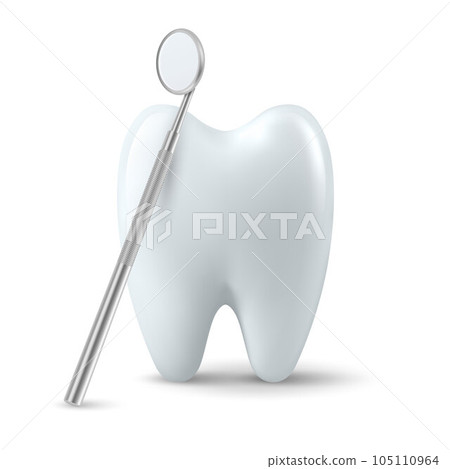 Vector 3d Realistic Dental Inspection Mirror for Teeth with Tooth Icon Closeup Isolated on White Background. Medical Dentist Tool. Design Template, Clipart. Dental Health Concept Vector 3d Realistic Dental Inspection Mirror for Teeth with Tooth Icon Closeup Isolated on White Background. Medical Dentist Tool. Design Template, Clipart. Dental Health Concept 105110964