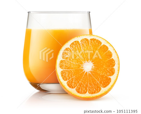 Orange juice in a glass and slice of orange fruit isolated on white background Orange juice in a glass and slice of orange fruit isolated on white background 105111395