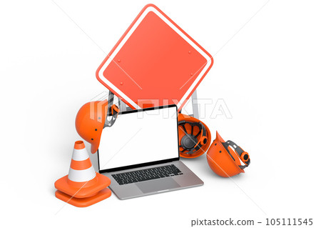 Set of safety helmet or hard hat, road traffic cones and sign near laptop Set of safety helmet or hard hat, road traffic cones and sign near laptop 105111545