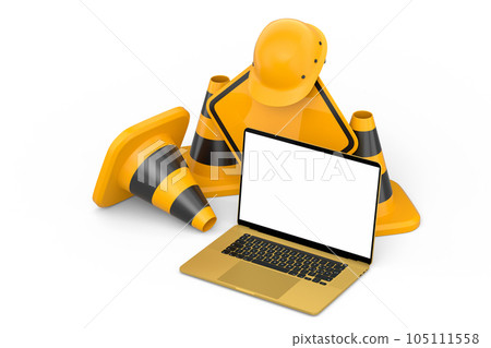 Set of safety helmet or hard hat, road traffic cones and sign near laptop 105111558