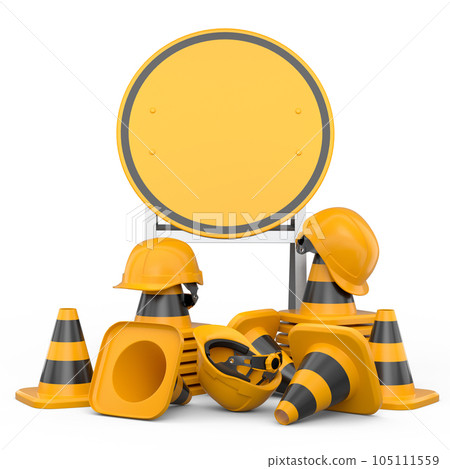 Stack of safety helmets or hard hats and traffic cones on green background Stack of safety helmets or hard hats and traffic cones on green background 105111559