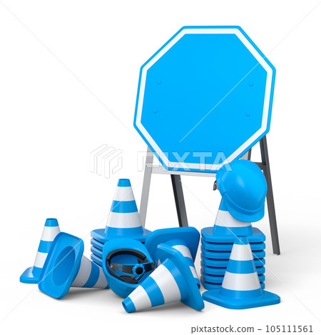Stack of safety helmets or hard hats and traffic cones on green background 105111561