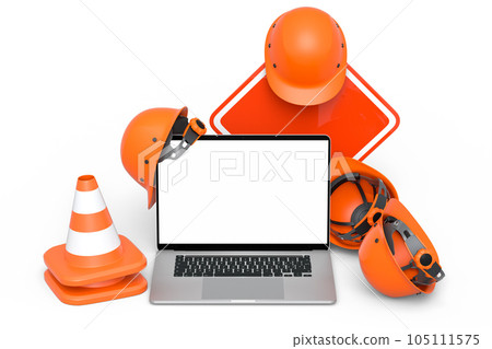 Set of safety helmets or hard hats and traffic cones, road sign on white Set of safety helmets or hard hats and traffic cones, road sign on white 105111575