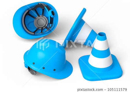 Set of safety helmets or hard hats and traffic cones on white background Set of safety helmets or hard hats and traffic cones on white background 105111579