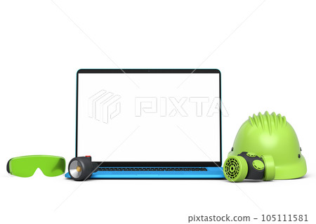 Set of safety helmets or hard caps, respirator and laptop on white background 105111581