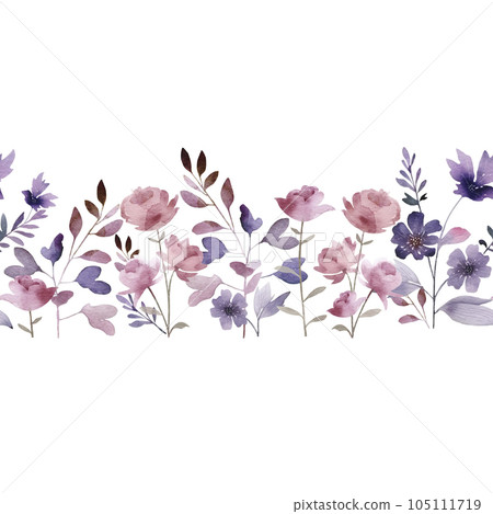 Seamless border with delicate pink and purple flowers, watercolor illustration. 105111719