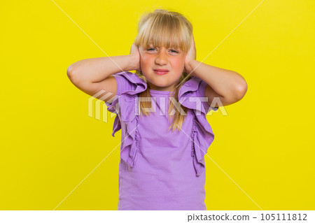 Frustrated young school girl kid covering ears ignoring unpleasant noise loud voices avoiding advice Frustrated young school girl kid covering ears ignoring unpleasant noise loud voices avoiding advice 105111812