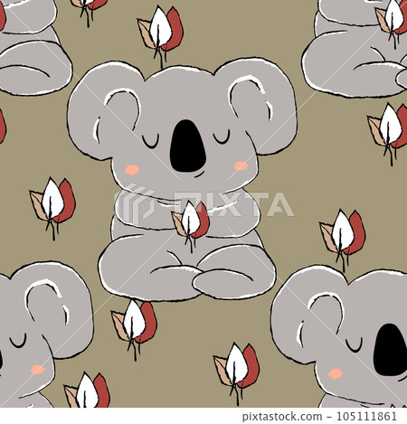 Seamless pattern with cute koala baby on color background. Funny australian animals. Card, postcards for kids. Flat vector illustration for fabric, textile, wallpaper, poster, paper Seamless pattern with cute koala baby on color background. Funny australian animals. Card, postcards for kids. Flat vector illustration for fabric, textile, wallpaper, poster, paper 105111861