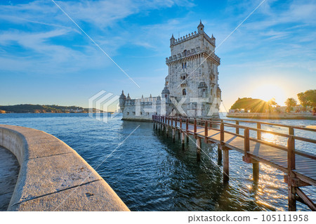 Belem Tower or Tower of St Vincent - famous tourist landmark of Lisboa and tourism attraction - on the bank of the Tagus River (Tejo) on sunset. Lisbon, Portugal Belem Tower or Tower of St Vincent - famous tourist landmark of Lisboa and tourism attraction - on the bank of the Tagus River (Tejo) on sunset. Lisbon, Portugal 105111958