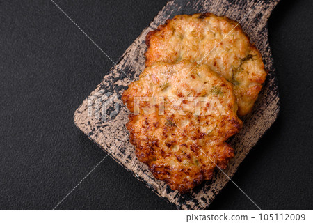 Delicious fresh fried minced chicken meat cutlets with salt, spices and herbs Delicious fresh fried minced chicken meat cutlets with salt, spices and herbs 105112009