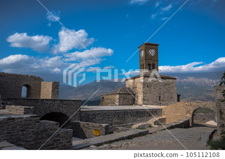 Clock Tower in Gjirokaster Citadel surrounded by ancient ruins, attraction in Albania, Europe 105112108