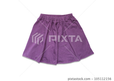 Purple skirt made of cotton fabric isolated on white background. An element of clothing is a short flared summer skirt. Purple skirt made of cotton fabric isolated on white background. An element of clothing is a short flared summer skirt. 105112156