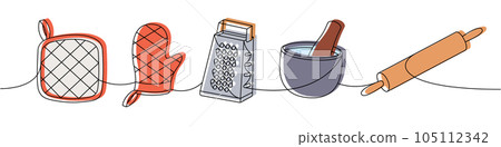 Kitchen utensils one line colored continuous drawing. Kitchen mitten, glove, hand steel grater, mortar, rolling pin continuous one line illustration. Kitchen utensils one line colored continuous drawing. Kitchen mitten, glove, hand steel grater, mortar, rolling pin continuous one line illustration. 105112342