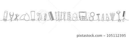 Makeup tools one line continuous drawing. Cosmetic cream, nail tongs, sponge, comb, brushes, makeup palette, nail polish, massage roller 105112395