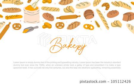 Breads shop banner. Bakery horizontal background. Wheat bread, pretzel, ciabatta, croissant. Illustration for poster, presentations, flayer design 105112426