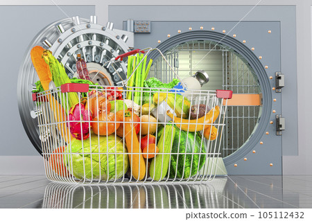 Shopping basket full of grocery products with opened bank vault, 3D rendering 105112432