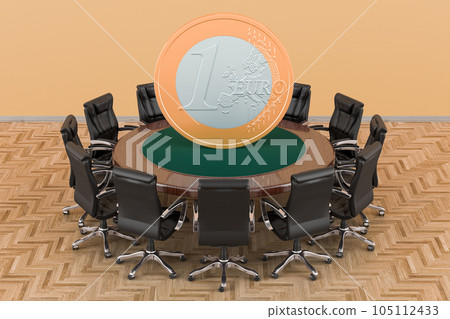 Round table with euro coin and armchairs around, 3D rendering 105112433