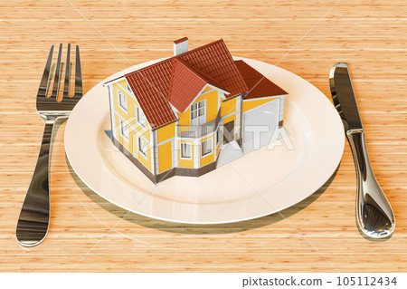 Dinner plate with house. Prepared meal delivery services, concept. 3D rendering 105112434