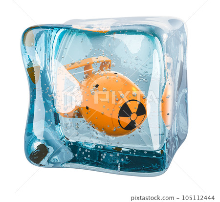 Atomic bomb frozen in ice cube, 3D rendering 105112444
