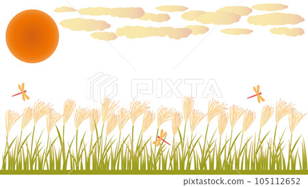 Illustration of pampas grass, red dragonfly, and autumn at dusk, aspect ratio 16:9 version 105112652