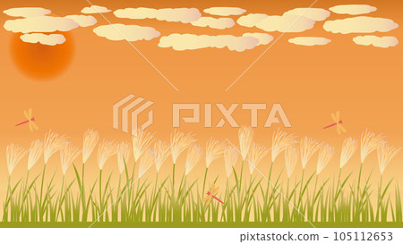 Illustration of pampas grass, red dragonfly, and autumn at dusk, aspect ratio 16:9 version 105112653