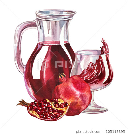 Pomegranate juice and pomegranate juice in decanter and glass. Watercolor hand drawn illustration. Isolate on white background. for design solutions. For labels, packaging and flyers, postcard, print. 105112895