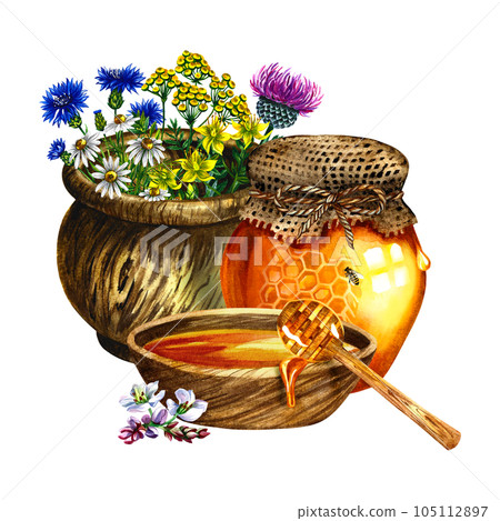 Honey in a glass jar and a wooden cup with a honey spoon. Wildflowers in a pot. Watercolor hand drawn illustration. For packaging and labels, postcards and banners, printing and stickers. Honey in a glass jar and a wooden cup with a honey spoon. Wildflowers in a pot. Watercolor hand drawn illustration. For packaging and labels, postcards and banners, printing and stickers. 105112897