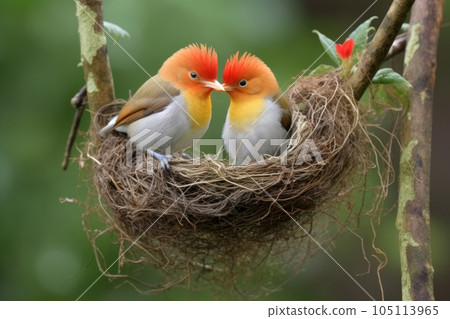 rare bird couple grooming each other near their nest, created with generative ai 105113965