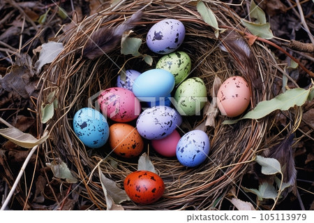 colorful eggs in a well-camouflaged nest, created with generative ai 105113979