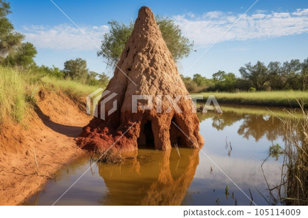 termite mound near a water source, created with generative ai 105114009