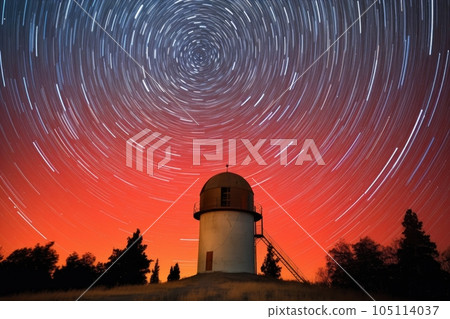 star trails captured through telescope view, created with generative ai 105114037