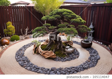 zen garden with pruned bonsai tree in the center, created with generative ai 105114047