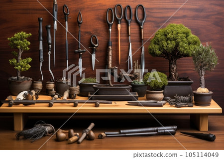 bonsai pruning tools arranged on a wooden table, created with generative ai bonsai pruning tools arranged on a wooden table, created with generative ai 105114049