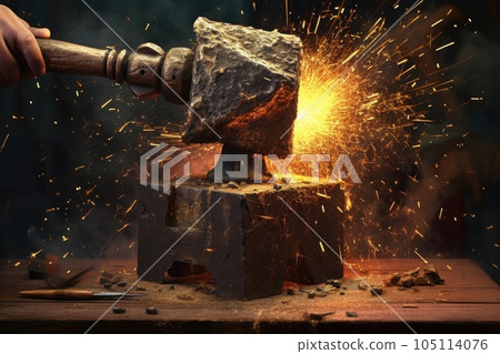 sparks flying as a hammer strikes metal on anvil, created with generative ai sparks flying as a hammer strikes metal on anvil, created with generative ai 105114076