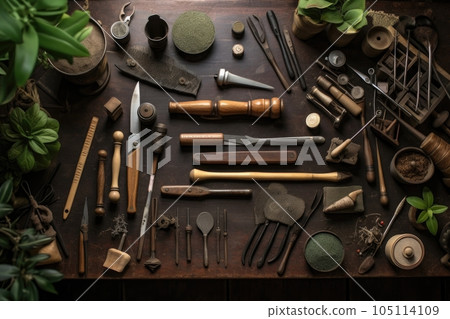 top view of bonsai shaping tools on a wooden bench, created with generative ai 105114109