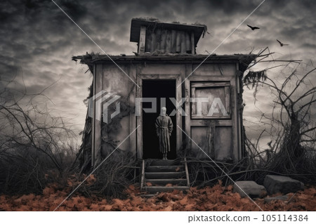 spooky abandoned house with a zombie standing... - Stock Illustration ...