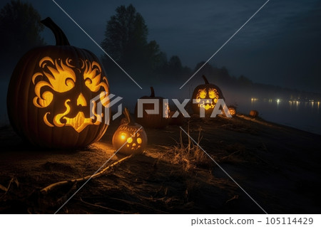glowing carved pumpkins on a dark, foggy night, created with generative ai 105114429