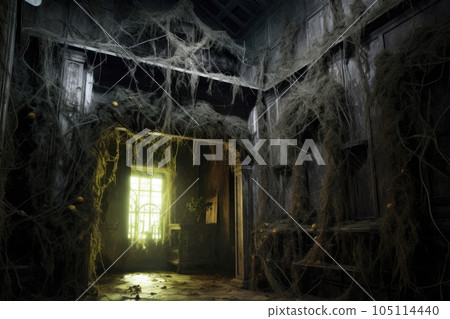 creepy cobwebs covering a haunted house entrance, created with generative ai 105114440