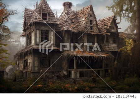 abandoned haunted house with broken windows, created with generative ai abandoned haunted house with broken windows, created with generative ai 105114445