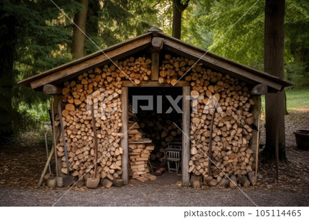 rustic firewood shed filled with split logs, created with generative ai 105114465