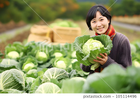 Woman harvesting cabbage 2 AI-generated image 105114496