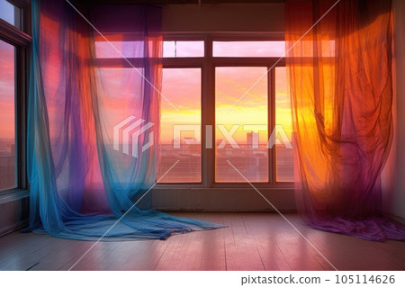 sunrise or sunset colors glowing behind a sheer curtain, created with generative ai sunrise or sunset colors glowing behind a sheer curtain, created with generative ai 105114626