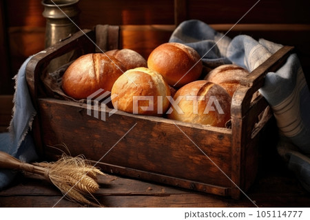 freshly baked bread loaves in a vintage wooden crate, created with generative ai 105114777