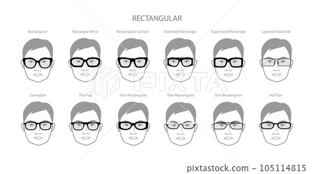 Set of Rectangular frame glasses on men face character fashion accessory illustration. Sunglass front view silhouette Set of Rectangular frame glasses on men face character fashion accessory illustration. Sunglass front view silhouette 105114815