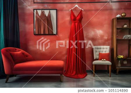 red dress on hanger against stylish store interior, created with generative ai 105114890