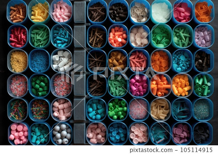 top view of organized plastic containers for recycling, created with generative ai 105114915