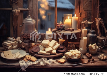 marshmallows, chocolate, and crackers in a cozy setting, created with generative ai 105115195